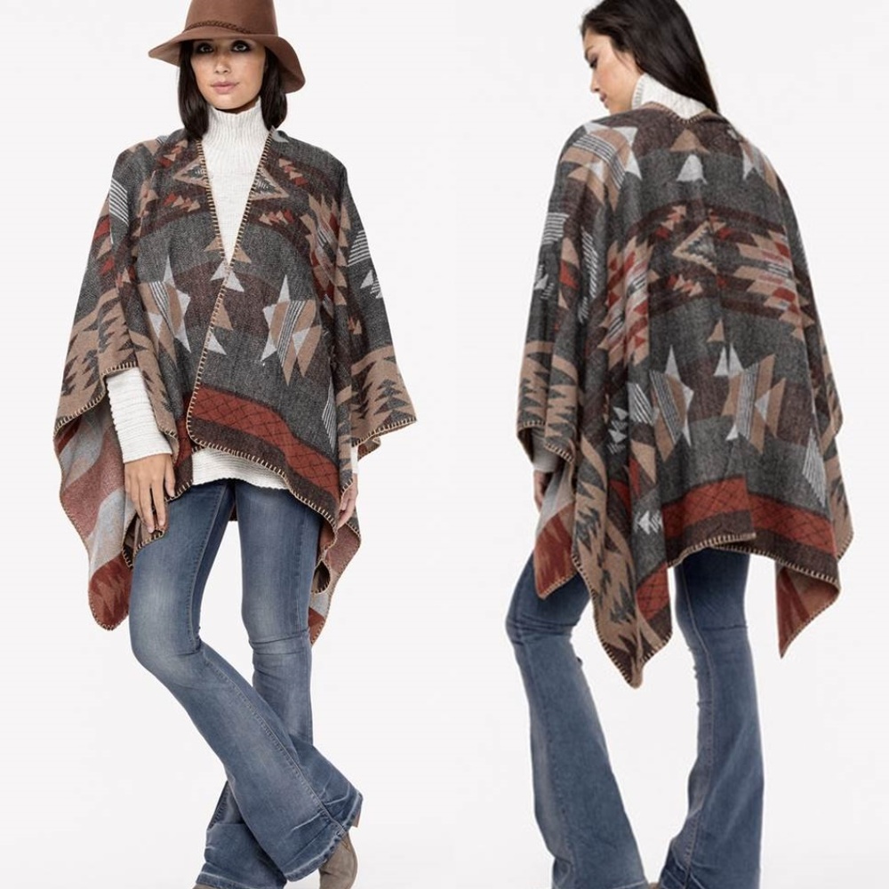 NWT LOVE STITCH Brown Tribal Print Poncho One Size